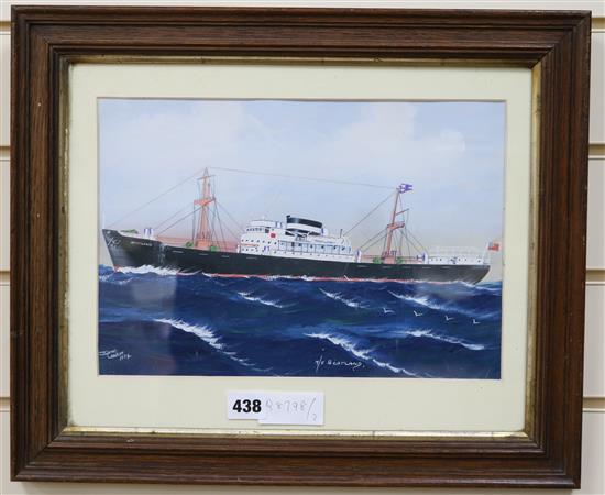 H Crane, gouache, The MV Scotland, signed and dated 1954 21 x 32cm